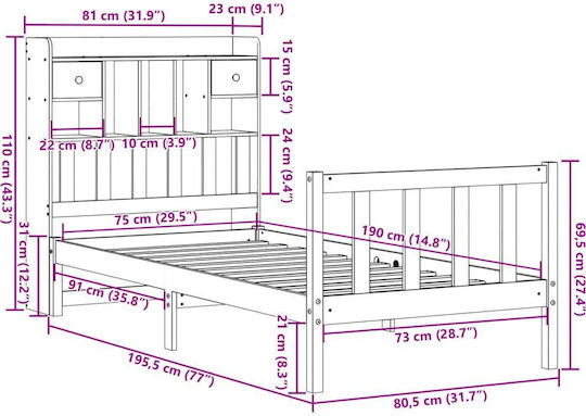 Single Bed Made of Solid Wood White with Slats for Mattress 75x190cm