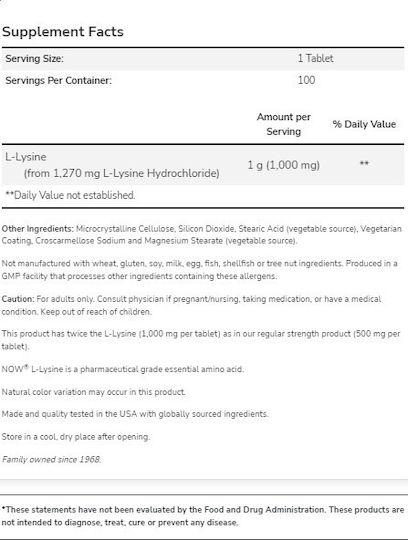 Now Foods L-Lysine 1000mg 100 tabs