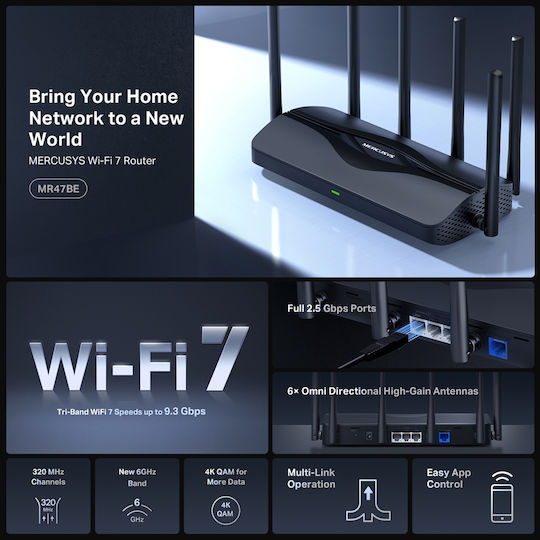 Mercusys MR47BE v2 Drahtloser Wi‑Fi 7 Router mit 4 2,5-Gigabit Ethernet LAN-Verbindungen