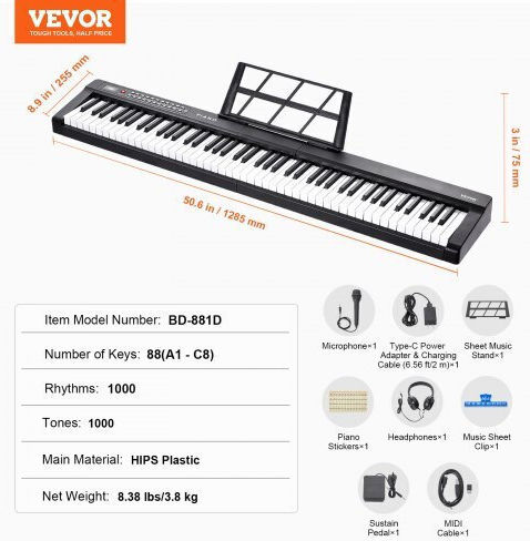 Vevor Electric Stage Piano 88JBPZSMGQ88WU1LTV2 Set with 88 Semi-Weighted Keys Built-in Speakers and Connection with Headphones