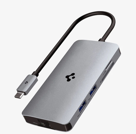 Spigen ArcDock 8-in-1 USB-C Докинг станция с HDMI 4K PD Ethernet Сребрист
