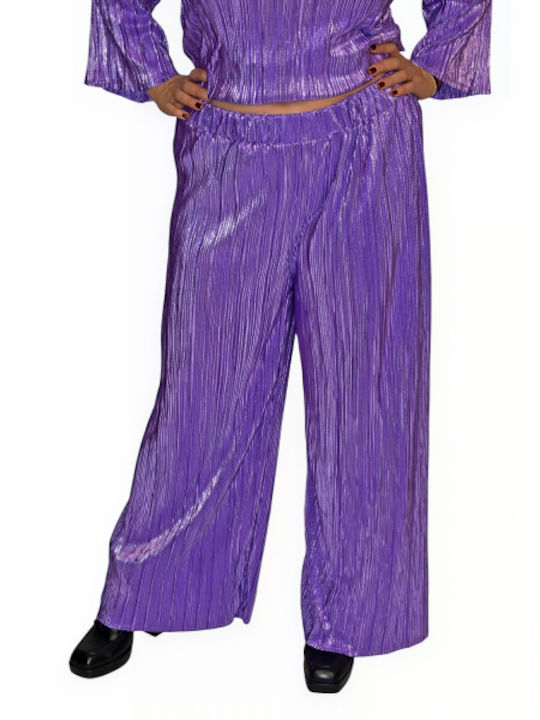 Morena Spain Women's Fabric Trousers with Elastic in Regular Fit Purple