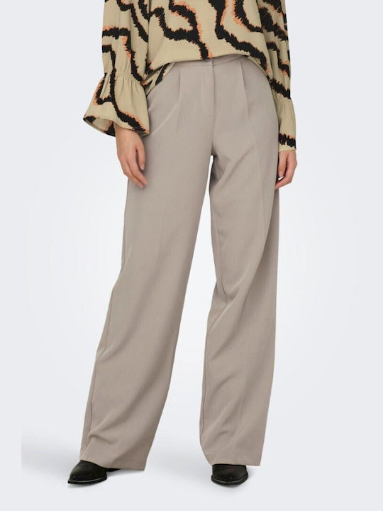 Only Women's High-waisted Fabric Trousers with Elastic in Straight Line Ecru