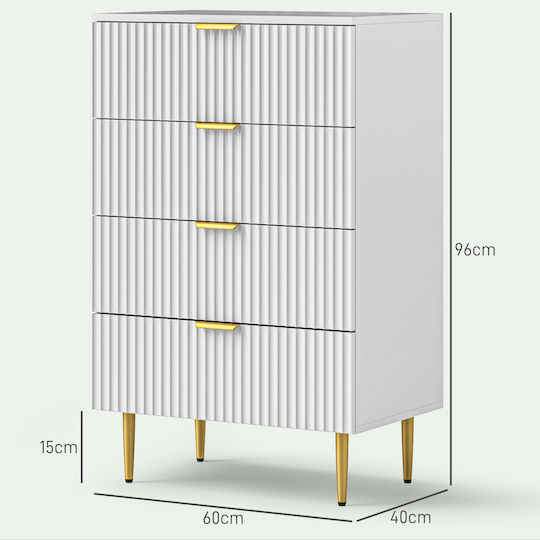 Wooden & Metallic Chest of Drawers with 4 Drawers White 60x40x96cm