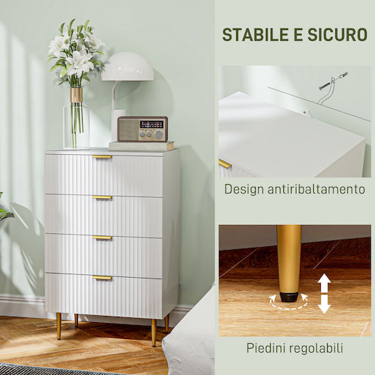 Wooden & Metallic Chest of Drawers with 4 Drawers White 60x40x96cm