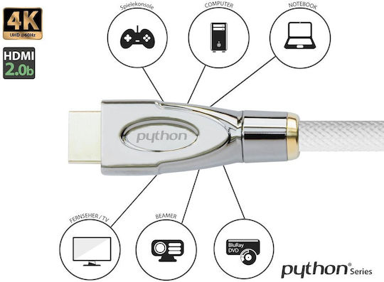 Python HDMI 2.0 Premium High Speed 4K 60Hz HDR Cable HDMI male - HDMI male 2m Λευκό
