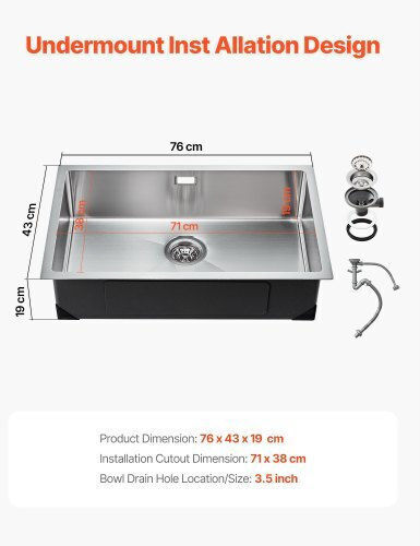 Vevor Υποκαθήμενος Νεροχύτης Inox Μ76xΠ43cm Ασημί