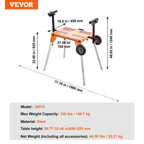 Vevor Стойка за циркуляр с колела, товароносимост 330lbs, регулируема