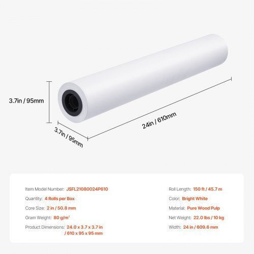 Vevor Χαρτί Ρολό 609.6mm x 150m 80gr/m²