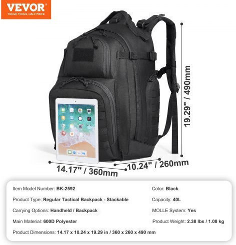 Vevor Military Backpack Backpack made of Polyester Black 40lt