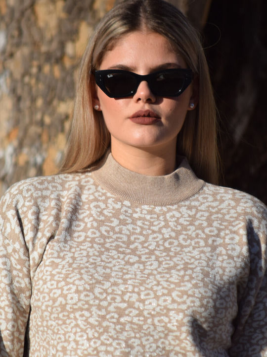 Bluza Damă Mânecă Lungă cu Guler Înalt Animal Print Bej
