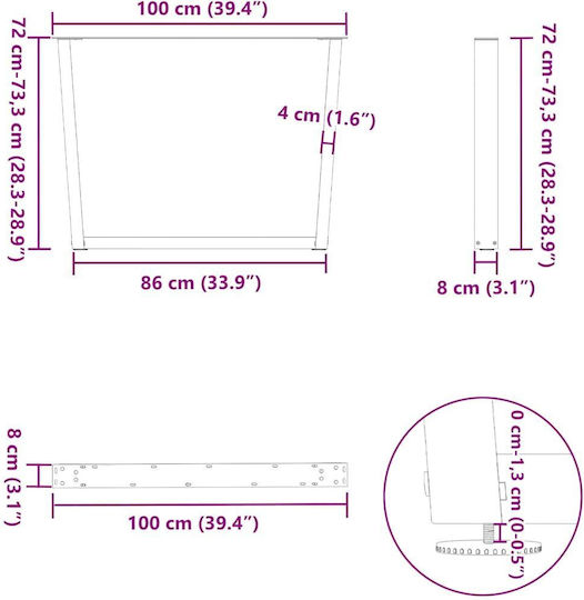 vidaXL Metallic Furniture Leg 2 Pieces Suitable for Table / Coffee Table / Office 100x72cm White