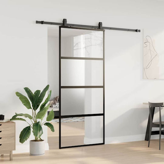Vidaxl Συρόμενη Πόρτα Σετ Υλικού Μαύρο 90x205 Cm Γυαλί Μετριασμένο Μαύρο