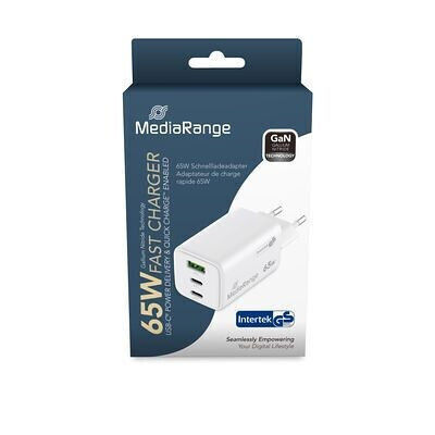 MediaRange Зарядно без кабел GaN с USB-A порт и 2 USB-C порта 65W Power Delivery / Quick Charge 3.0 Бял (MRMA116-2)