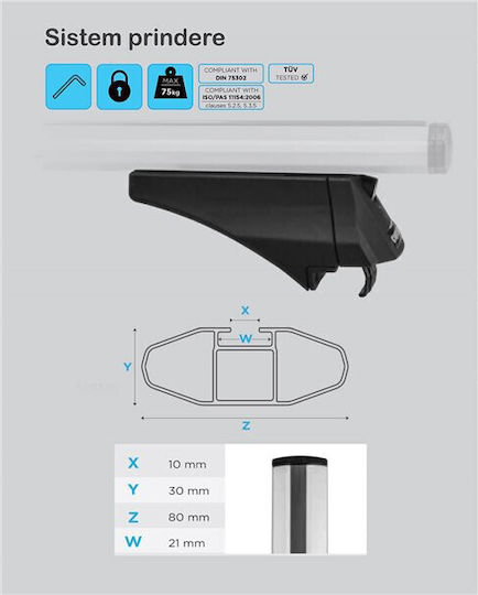 Menabo 135cm. pentru Hyundai iX35 2010-2013 (cu picioare pentru portbagaj de acoperiș și blocare) Negre