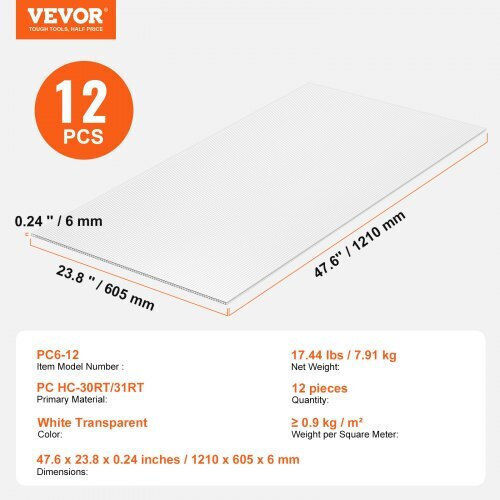 Panouri de seră din policarbonat Vevor 12 2' X 4' X 0.24'' Acoperiș Slwdbbstm4ftvjs2fv0