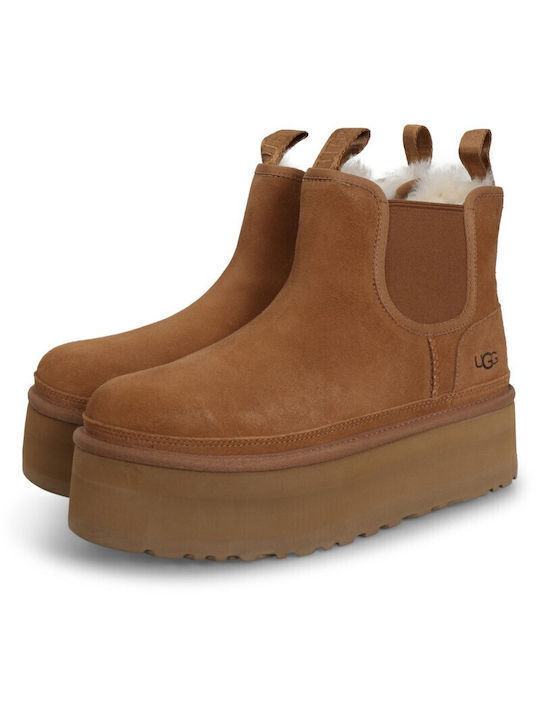 Neumel Platform Leather Women's Chelsea Boots with Medium Heel Camel