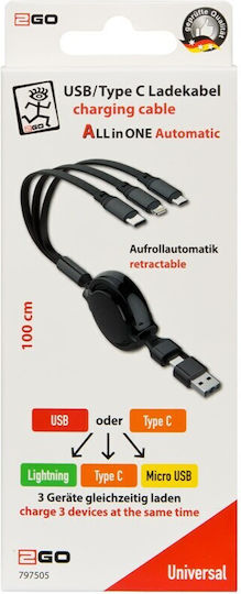 2GO Retractable USB to Lightning / Type-C / micro USB Cable 1m