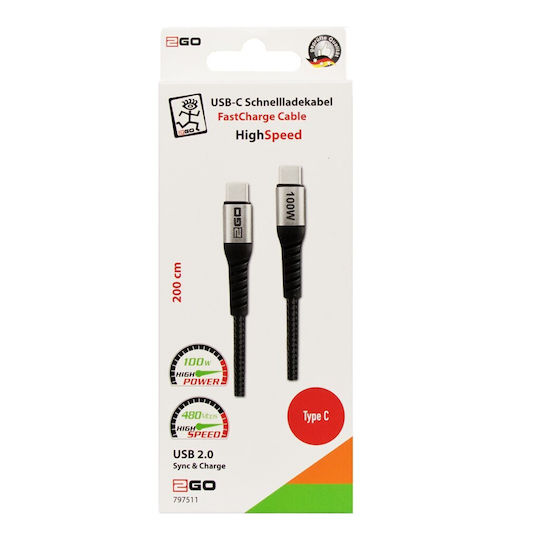 2GO Braided Thunderbolt 4 Cable 100W Μαύρο 2m
