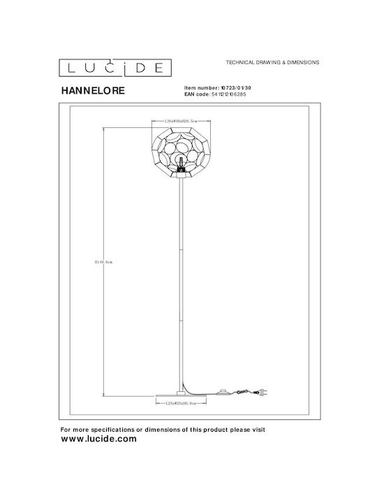 Lucide Lightning Hannelore Подова Лампа В149.6xД30см. с Цокъл за Крушка E27 Черен