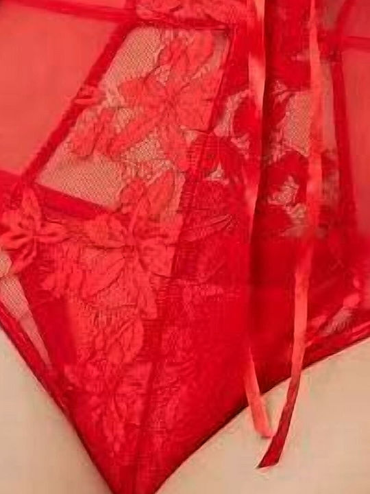 Κόκκινο String Κορμάκι Δαντέλα Σατέν Κορδέλα