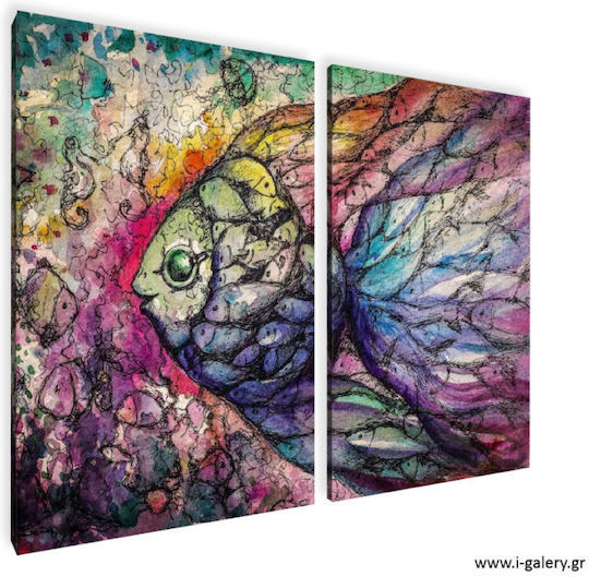 Canvas Painting Multicolored Fish Diptych 70x50cm 2 Pieces 35x50cm