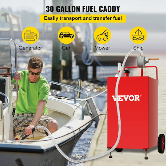 Vevor 30 Gallon Fuel Caddy Fuel Storage Tank 2 Wheels Portable Gas Caddy Manual Transfer Pump Gasoline Diesel Fuel Container Cars Lawn Mowers ATVs Boats More Red
