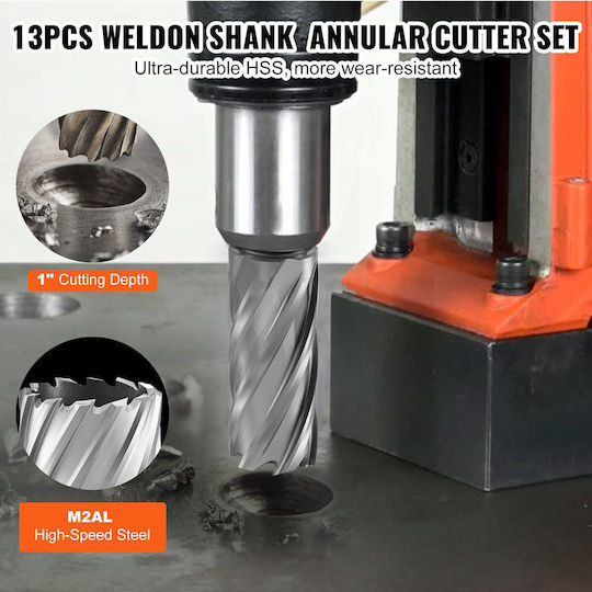 Vevor 13-Piece Annular Cutter Set Weldon Shank Mag Drill Bits 2" Cutting Depth 7/16" to 1-1/16" Cutting Diameter M2al HSS 2 Pilot Pins Hex Key Portable Case Magnetic Use Dr