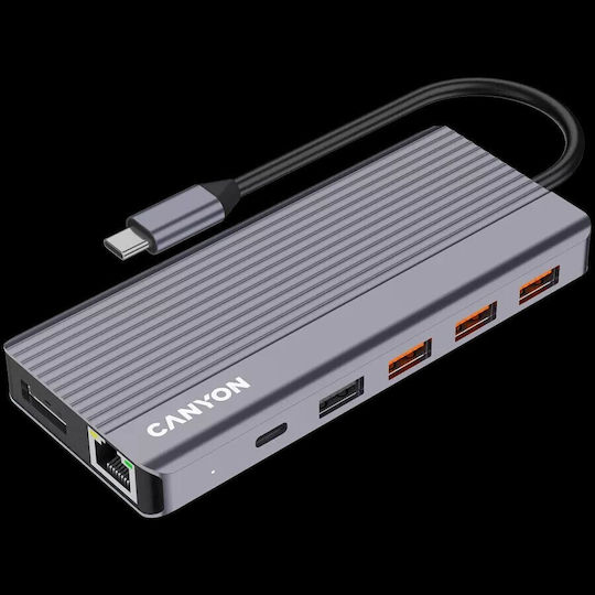 Canyon USB-C Dockingstation für Laptops mit HDMI/DisplayPort 4K PowerDelivery Ethernet und Bildschirmverbindungen für 3 Monitore Grau