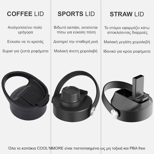 Cool'NMore Jet Μπουκάλι Θερμός Ανοξείδωτο BPA Free 500ml Μαύρο με Επιστόμιο, Θηλιά, Καλαμάκι και Λαβή