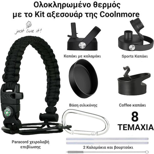 Cool'NMore Jet Μπουκάλι Θερμός Ανοξείδωτο BPA Free 500ml Μαύρο με Επιστόμιο, Θηλιά, Καλαμάκι και Λαβή