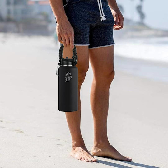 Cool'NMore Stainless Steel Thermos Bottle BPA Free 1L Black with Handle Straw Loop and Mouthpiece