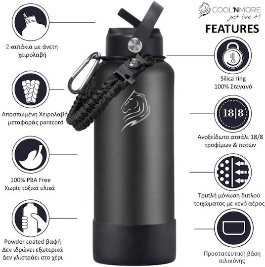 Cool'NMore Stainless Steel Thermos Bottle BPA Free 1L Black with Handle Straw Loop and Mouthpiece