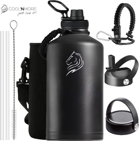 Cool'NMore Jet Stainless Steel Thermos Bottle BPA Free 2lt Jet Black with Handle Straw Loop and Mouthpiece