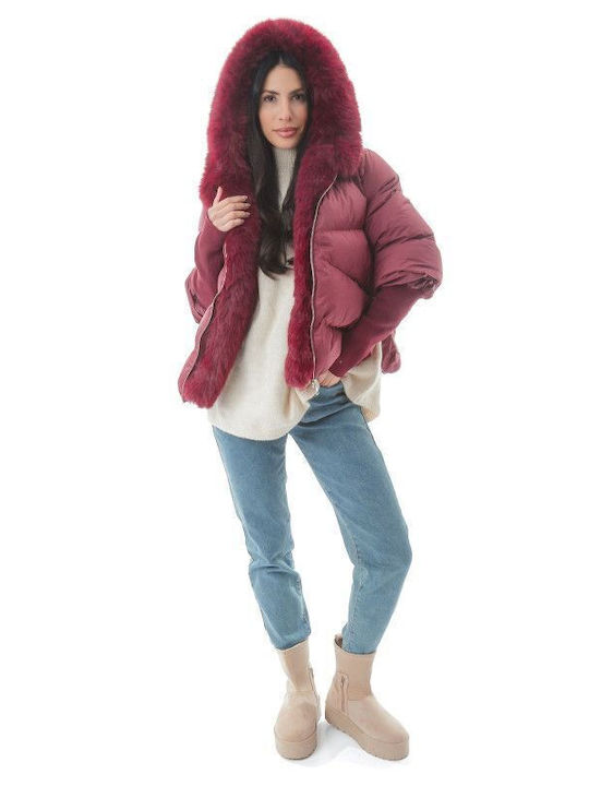 Women's Short Puffer Jacket for Winter with Hood Burgundy