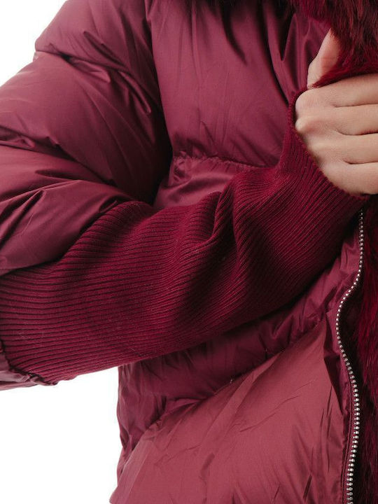 Women's Short Puffer Jacket for Winter with Hood Burgundy