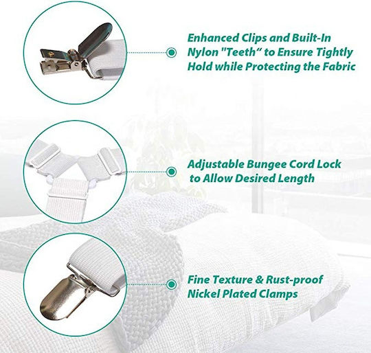 Set aus 4 elastischen Gurten mit Metallklammern für Bettlaken Weiß Original Deals
