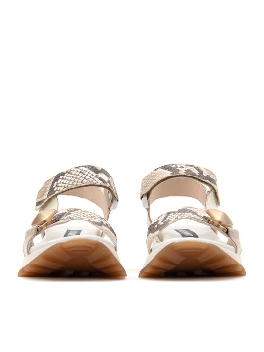Leather Women's Flat Sandals Sporty in Ecru Color