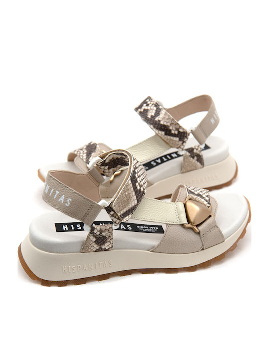 Leather Women's Flat Sandals Sporty in Ecru Color