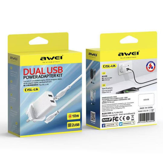 Awei Charger with 2 USB-A Ports and Cable Lightning 10W Whites (C15L-UK)
