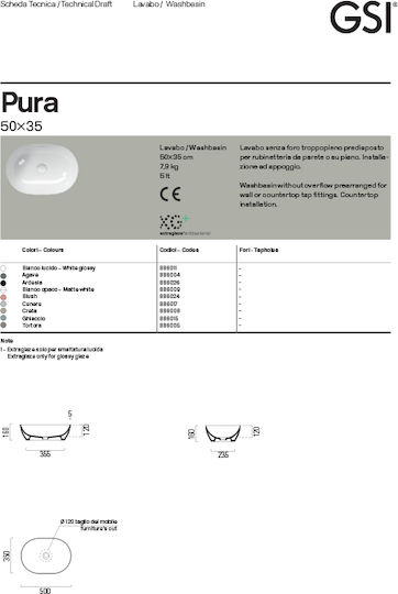 GSI Pura Επικαθήμενος Νιπτήρας Πορσελάνης 50x35x12cm White GSI Pura Επικαθήμενος Νιπτήρας Πορσελάνης 50x35x12cm White