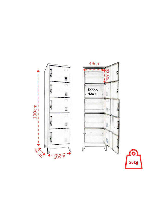 Steelen Metallic Locker with 5 Cabinets 50x45x190cm
