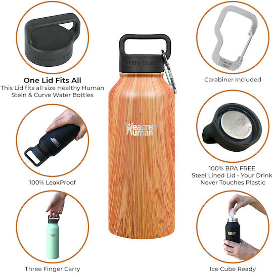 Healthy Human Stein Bottle Thermos Stainless Steel BPA Free 621ml Natural Wood