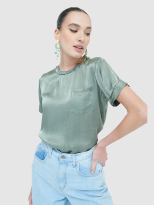 Bluza Damă Satin Mâneci Scurte Verde