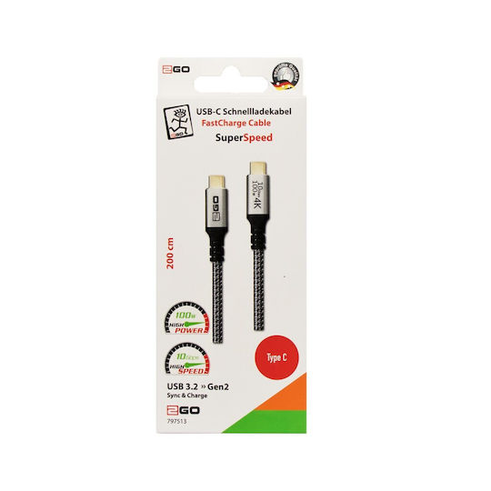 2GO Braided Thunderbolt Cable 100W Μαύρο 2m
