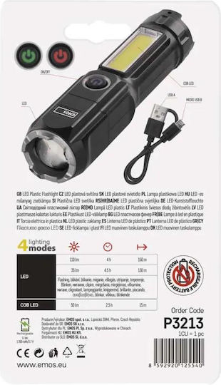 Emos Rechargeable Flashlight LED IP44 with Maximum Brightness 110lm Black