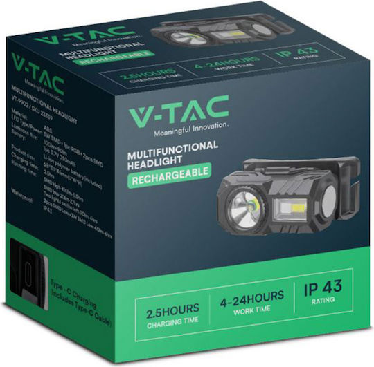 V-TAC Rechargeable Head Flash Light LED IP44 with Maximum Brightness 100lm
