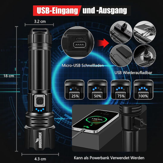 Wiederaufladbar Taschenlampe LED IP67 mit maximaler Helligkeit 10000lm Shadowhawk Schwarz