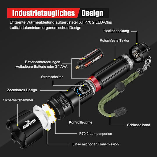 Wiederaufladbar Taschenlampe LED IP67 mit maximaler Helligkeit 10000lm Shadowhawk Schwarz