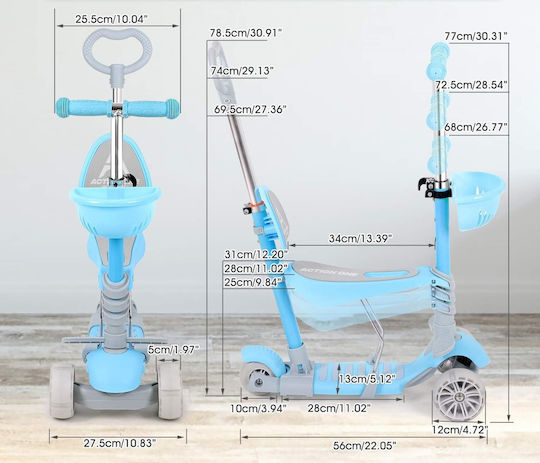 Action One Kids Scooter 3-Wheel with Seat for 12+ Months Light Blue